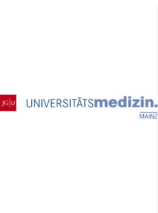 Logo JGU UNIVERSITÄTSKLINIK: Rotes Viereck + Schriftzug in blau