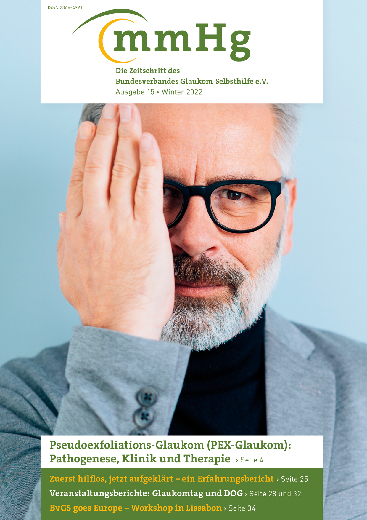 Titelblatt mmHg Winter 2022: Grauhaariger Mann mit Brille der sich ein Auge zuhält